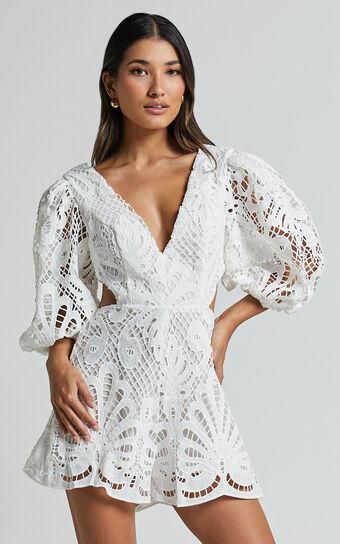 Channing Playsuit - Lace Short Puff Sleeve Playsuit in White Product Image