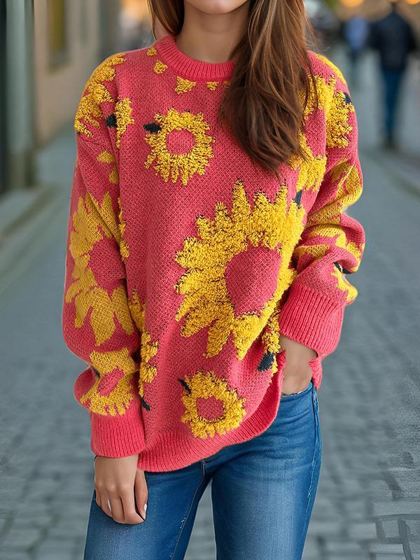 Long Sleeves Loose Contrast Color Knitted Flower Split-Joint Round-Neck Pullovers Sweater Tops Product Image