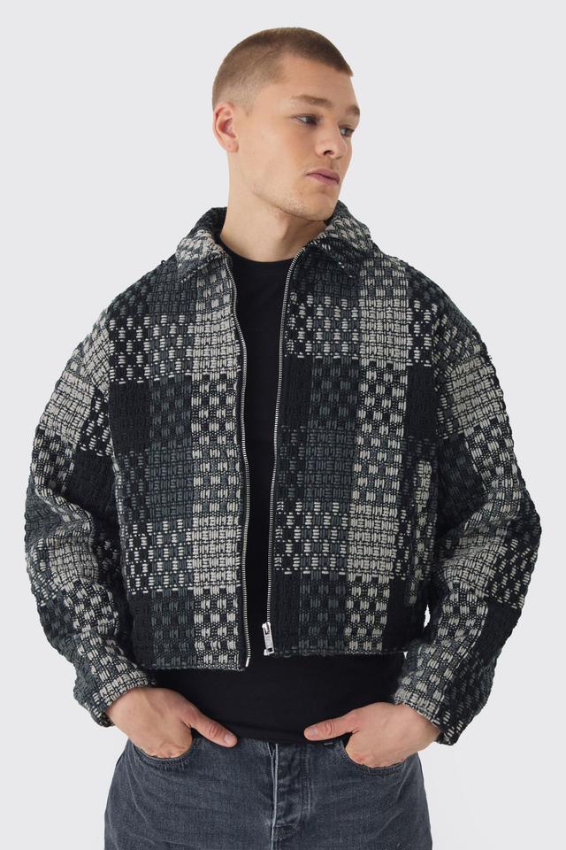 Boxy Plaid Harrington Jacket In Grey | boohooMAN USA Product Image