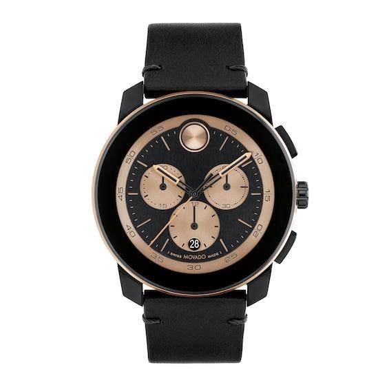 Movado Mens Bold Tr90 Swiss Quartz Chrono Black Leather Watch 44mm - Black Product Image