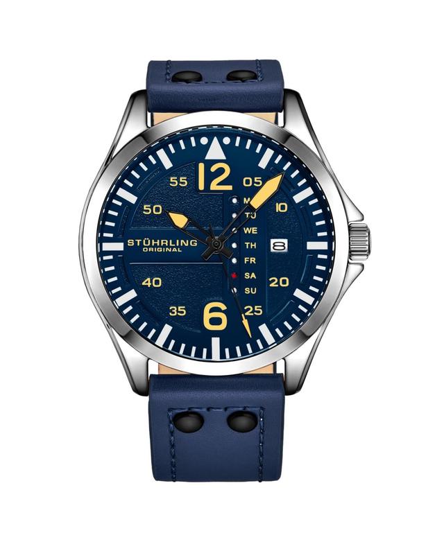 Stuhrling Mens Aviator Blue Leather Dial , 51mm Round Watch - Blue Product Image