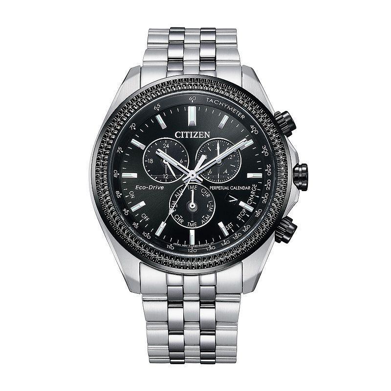 Citizen Mens Eco-Drive Weekender Stainless Steel Black Chronograph Dial Bracelet Watch Silver Product Image