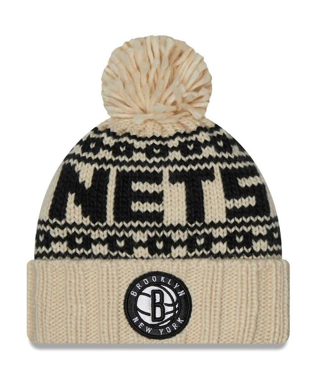 Womens New Era Cream Brooklyn Nets Sport Cuffed Knit Hat with Pom Product Image