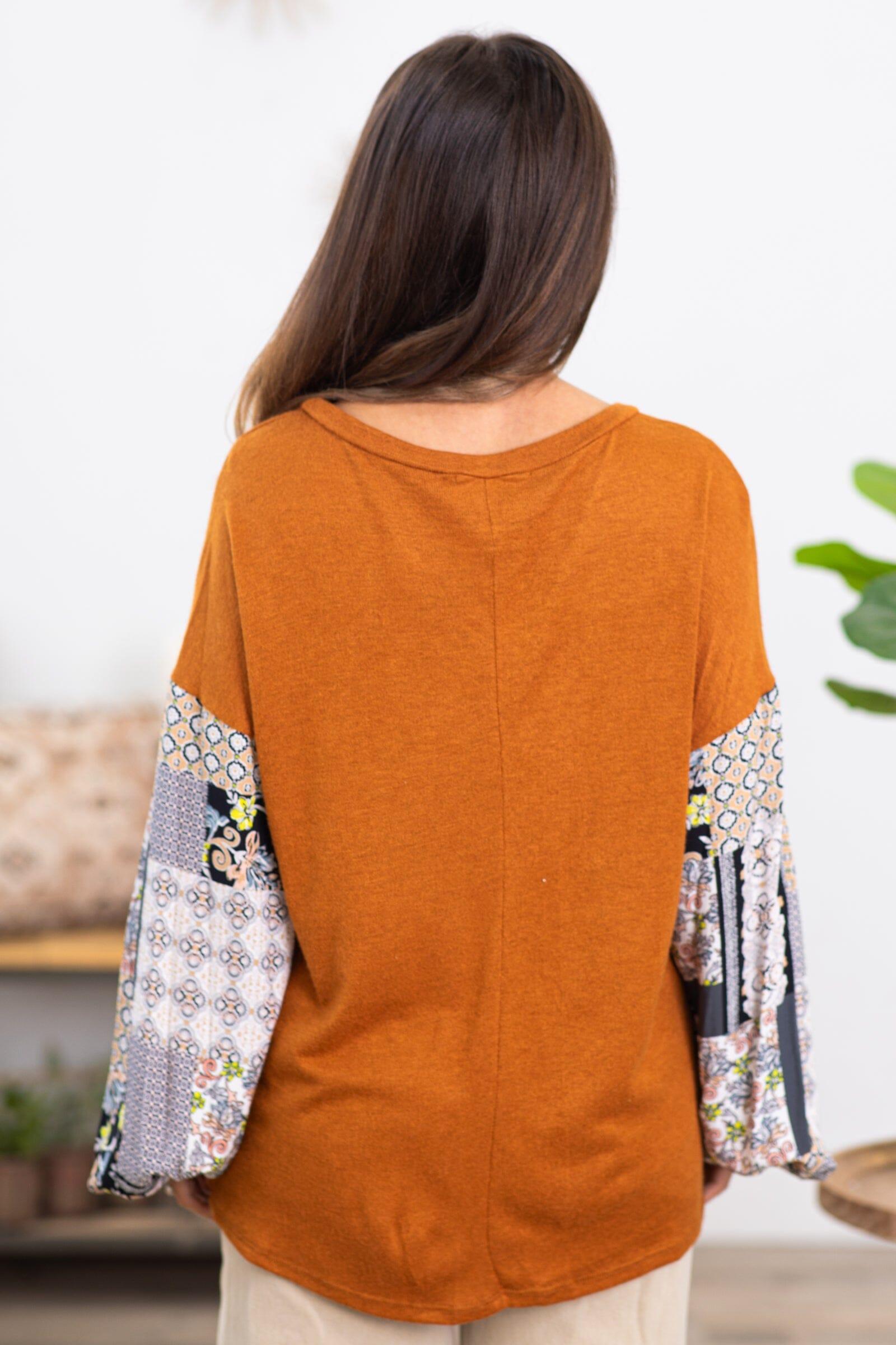 Burnt Orange Top With Paisley Print Sleeves Product Image