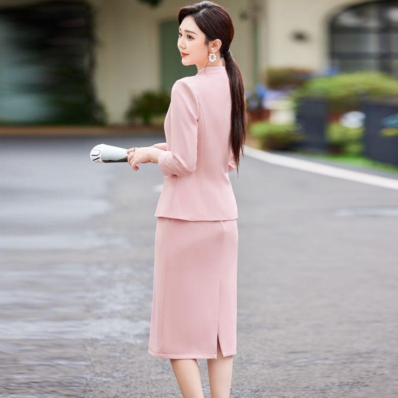 Collarless Plain Single Breasted Blazer / Sleeveless Crew Neck Plain Midi Sheath Dress Product Image