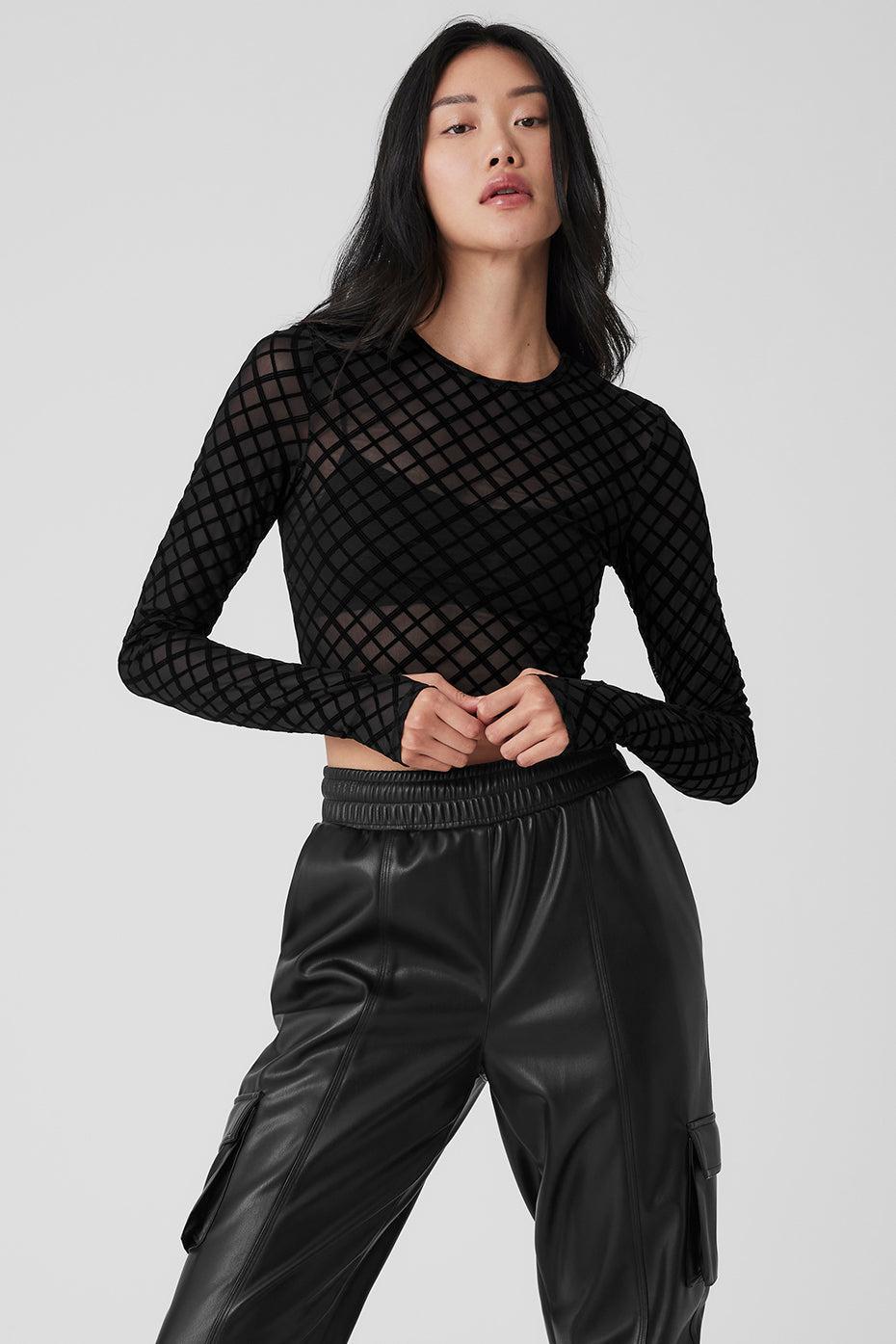 Mesh Plaid Cropped Long Sleeve Top - Black Female Product Image