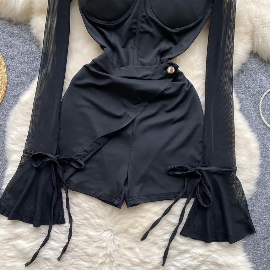 Long-Sleeve Collared Plain Mesh Panel Romper Product Image