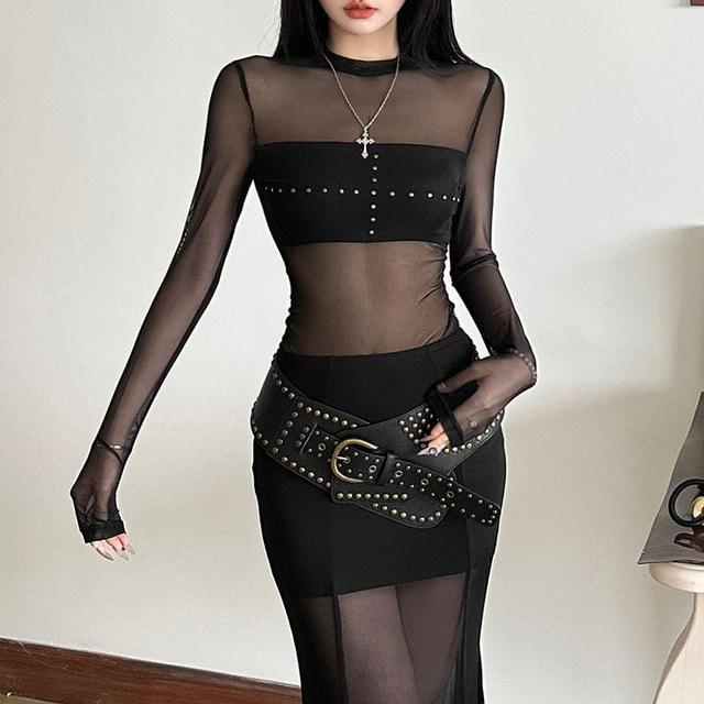 Long-Sleeve Mesh Maxi Sheath Dress Product Image