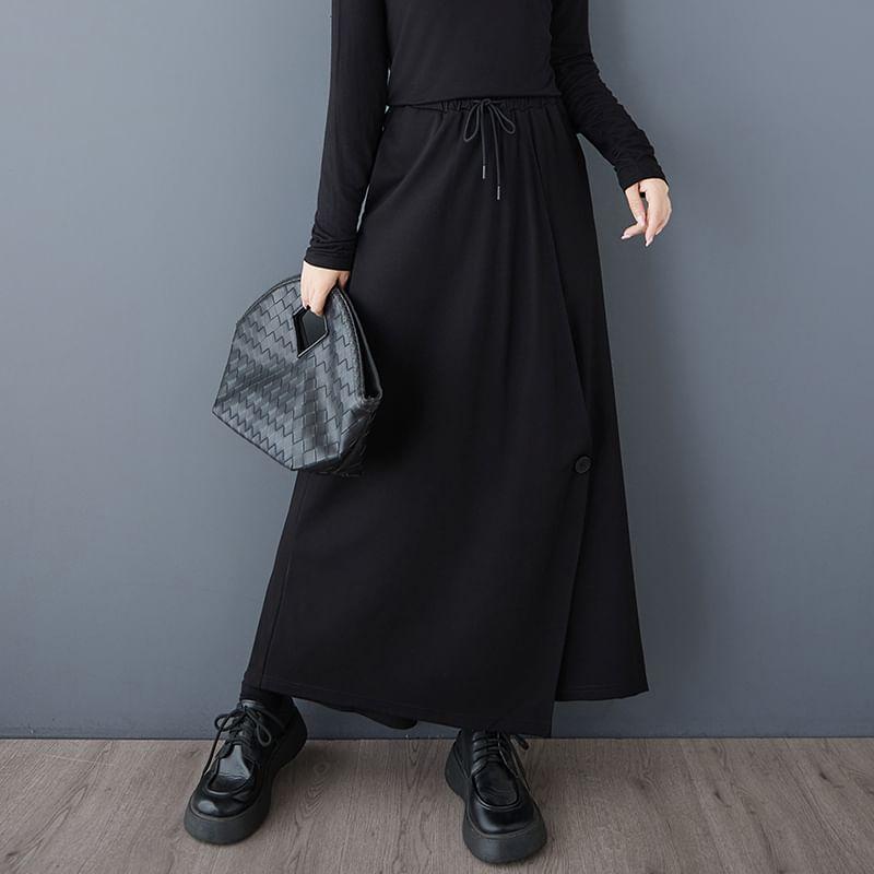 Drawstring Waist Plain Asymmetrical Buttoned Slit Culottes Product Image