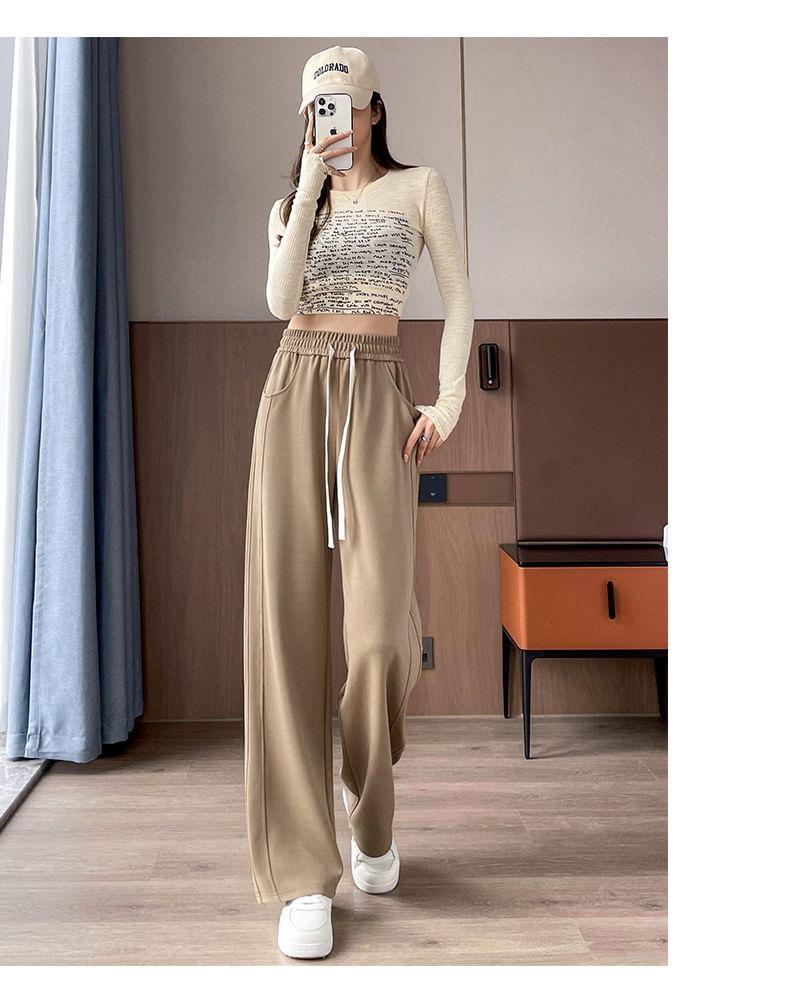 Drawstring Waist Plain Panel Wide Leg Sweatpants Product Image