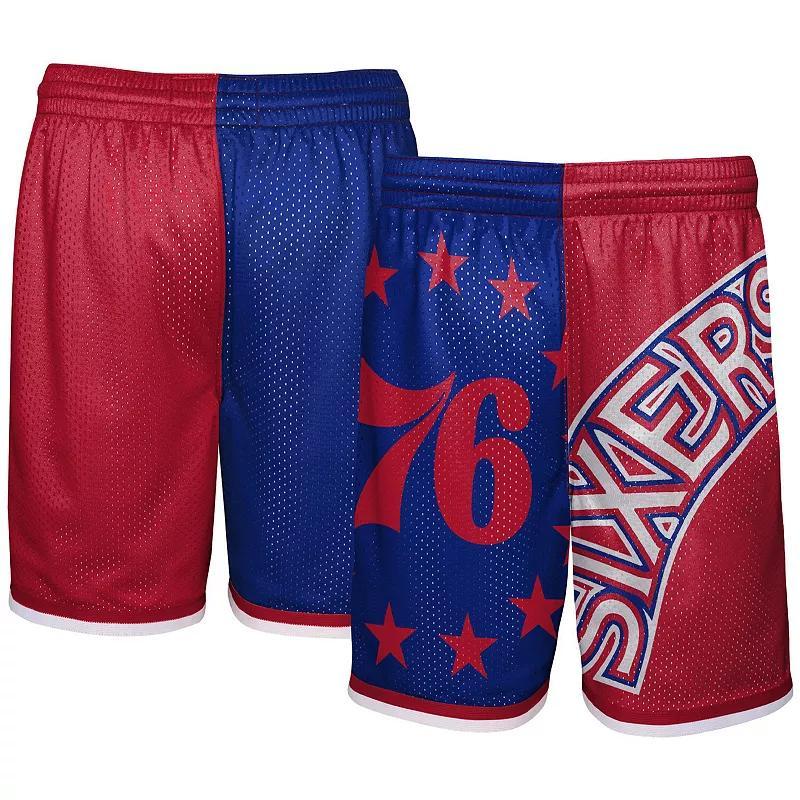 Youth Mitchell & Ness Red/Royal Philadelphia 76ers Hardwood Classics Big Face 5.0 Shorts, Mens Product Image