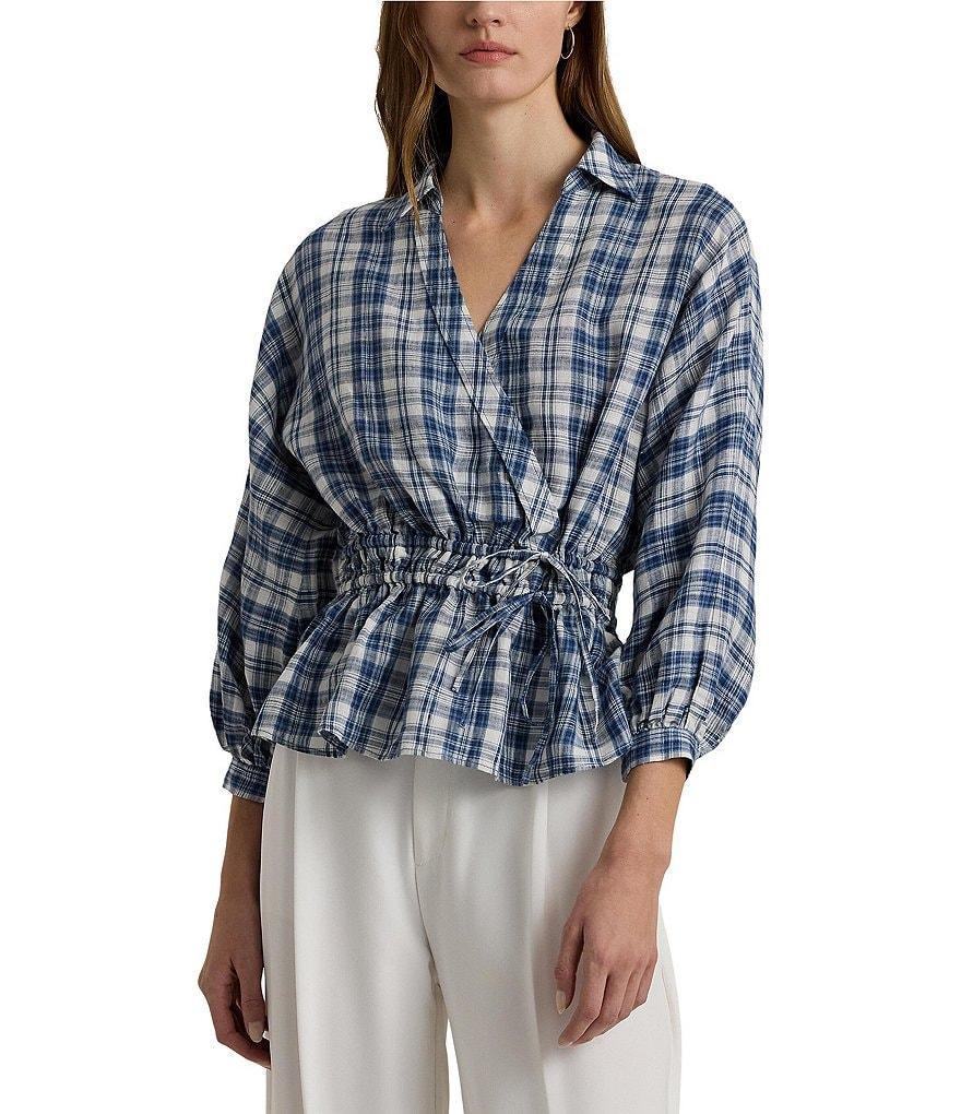 Lauren Ralph Lauren Yarn-Dye Plaid Linen Collared V-Neck 3/4 Sleeve Peplum Blouse Product Image