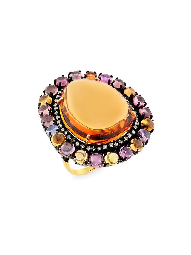 Womens 14K Yellow Gold, Black Rhodium-Plated Silver & Multi-Gemstone Cocktail Ring Product Image