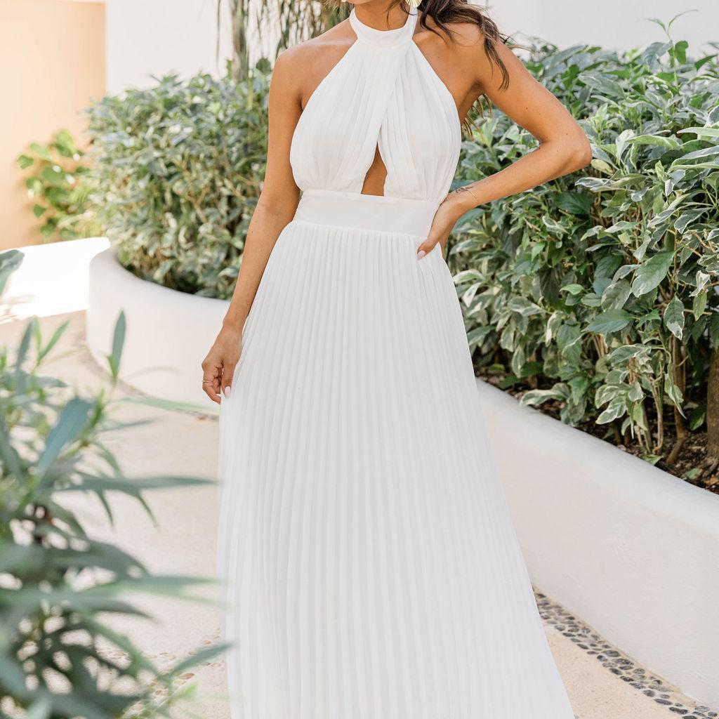 Sunny Gleam White Accordion Halter Maxi Dress FINAL SALE Product Image