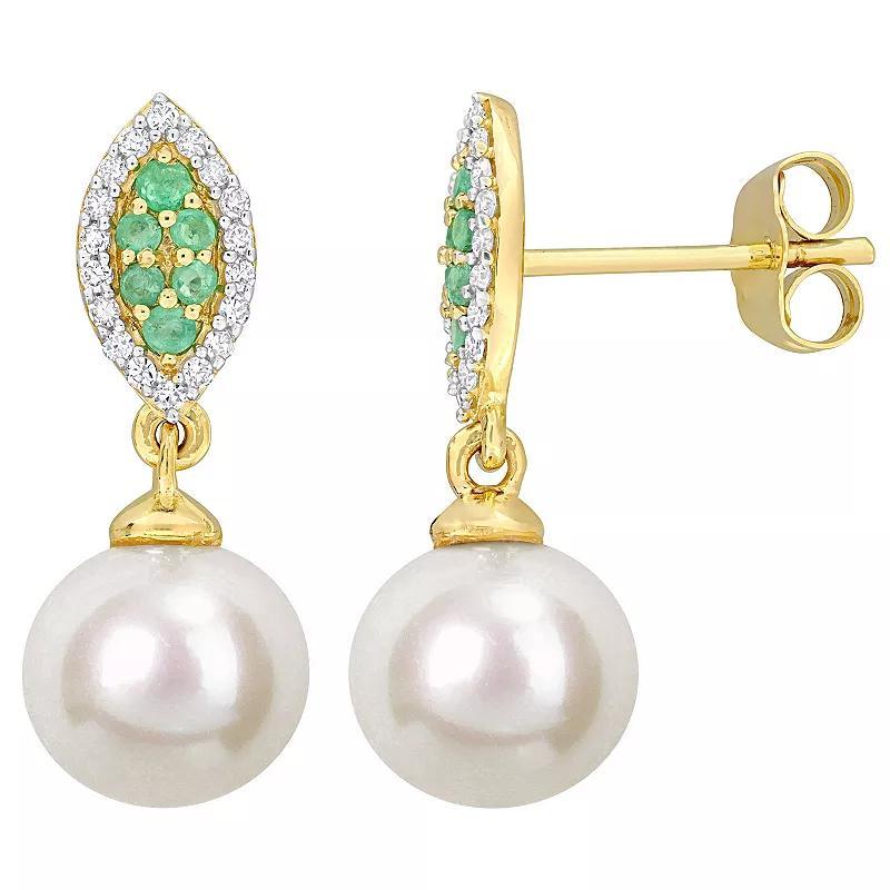 Stella Grace 14k Gold Freshwater Cultured Pearl, Emerald & 1/7 Carat T.W. Diamond Halo Drop Earrings, Womens Product Image