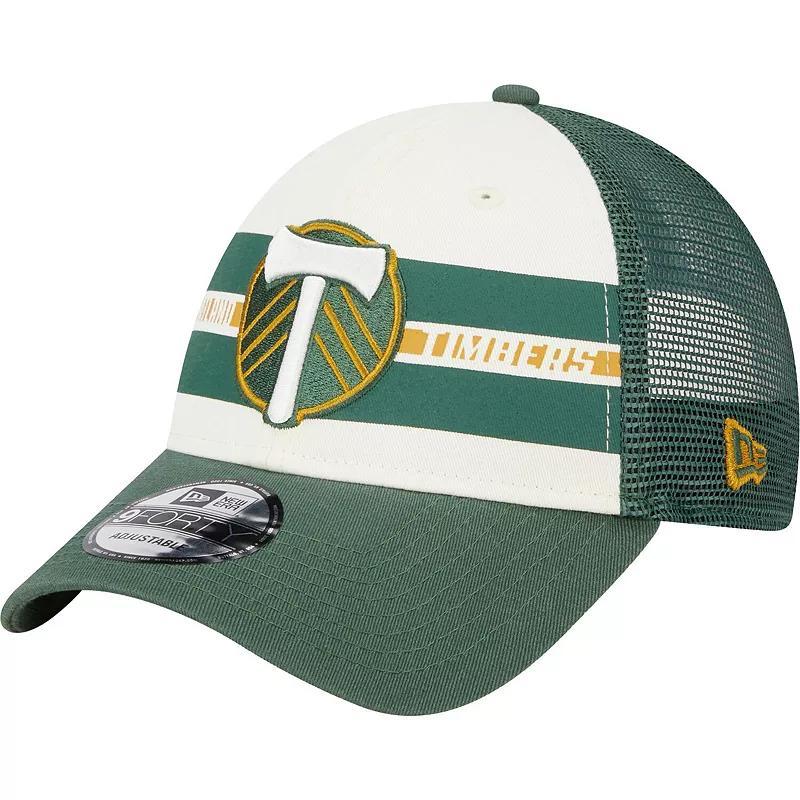 Mens New Era /Green Portland Timbers Team Stripes 9FORTY Trucker Snapback Hat Product Image