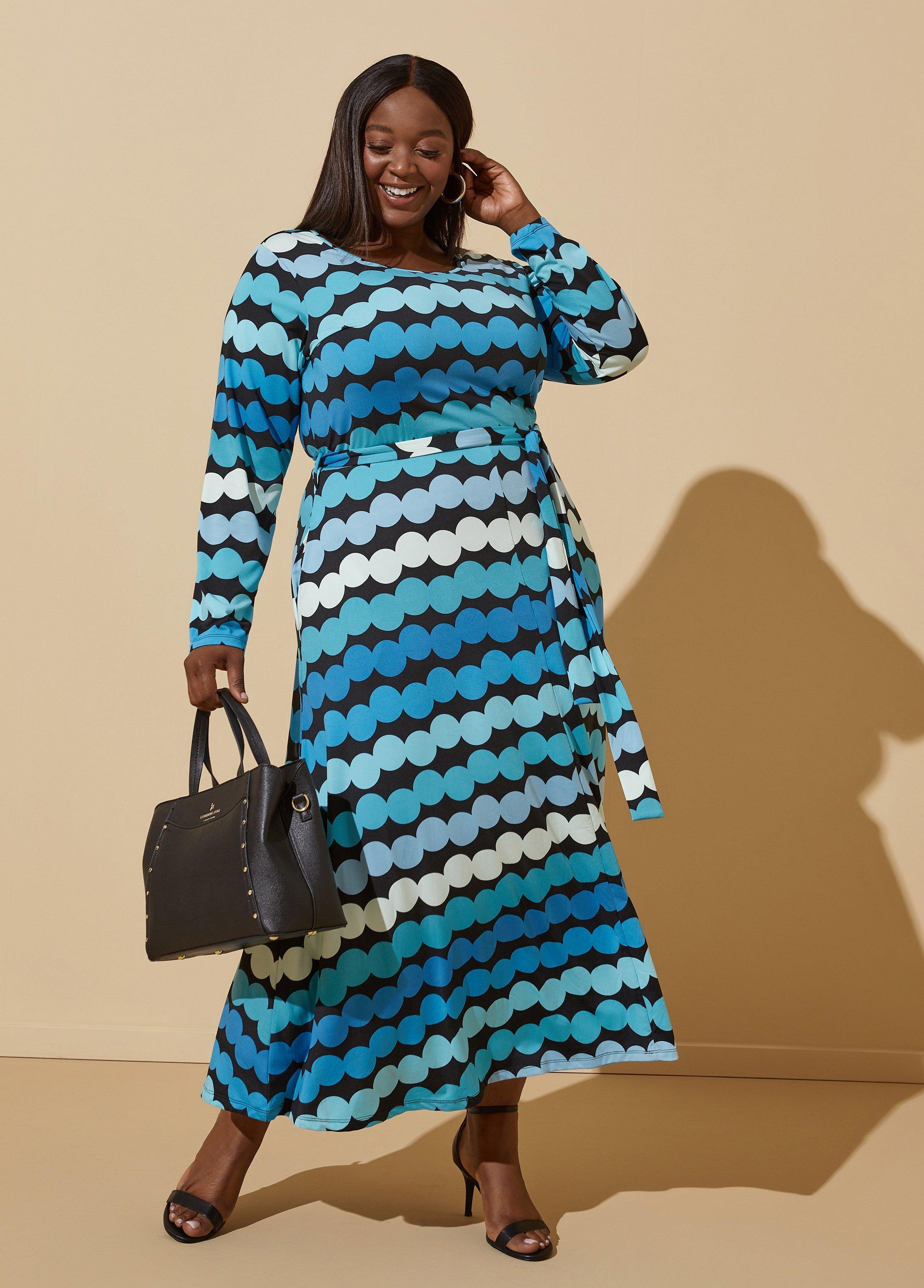 Plus Size Dotted Belted Maxi Dress, - Ashley Stewart Product Image