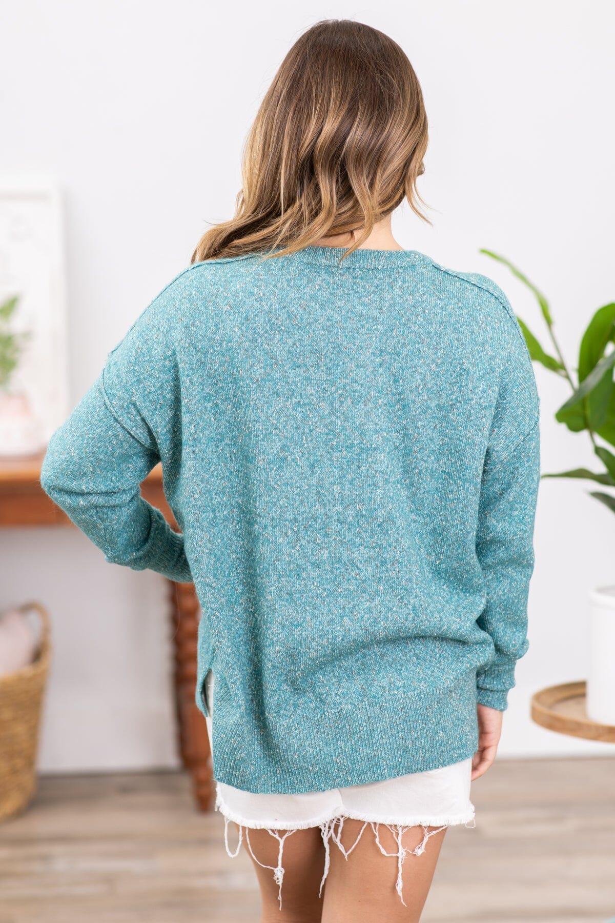 Teal Melange Sweater With Pocket Product Image