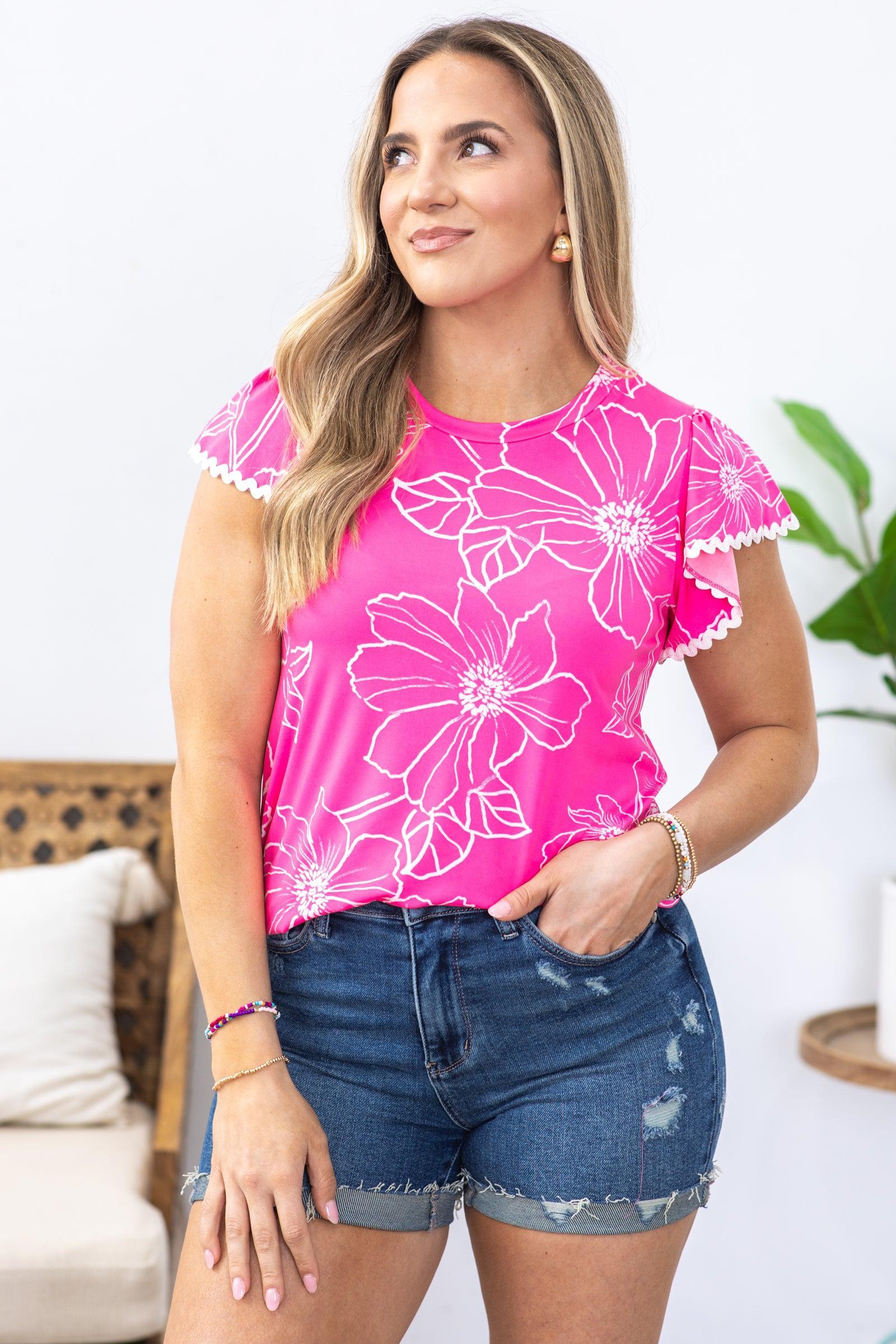 Pink Floral Print Trim Detail Top Product Image