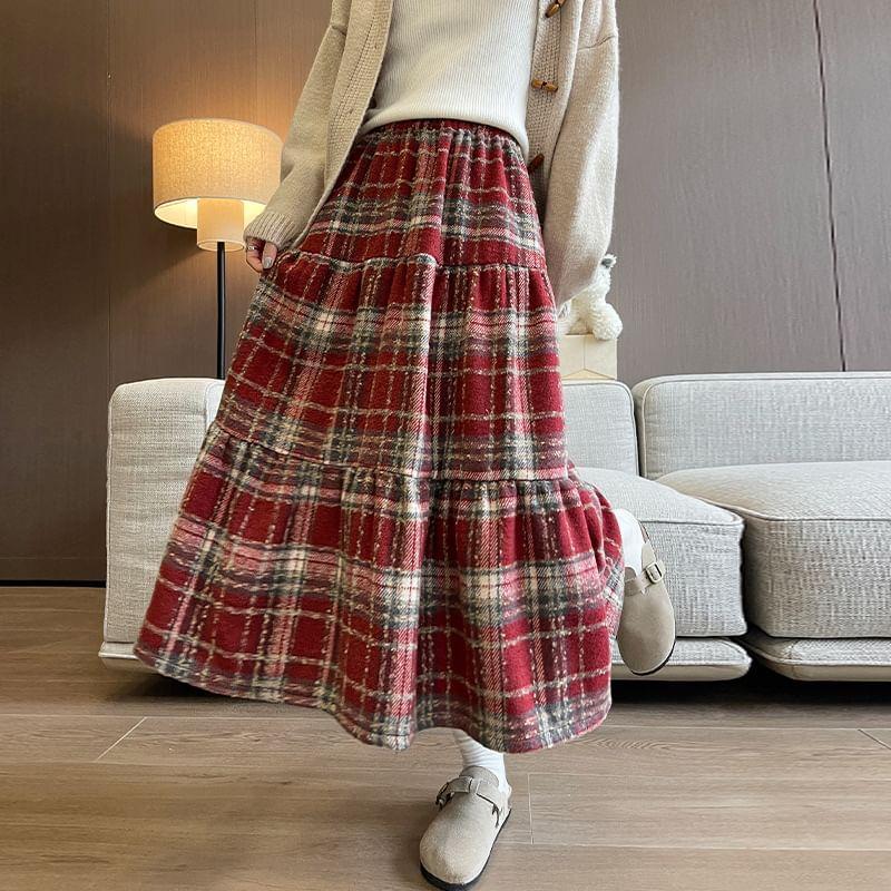 Mid Rise Plaid Midi A-Line Skirt Product Image