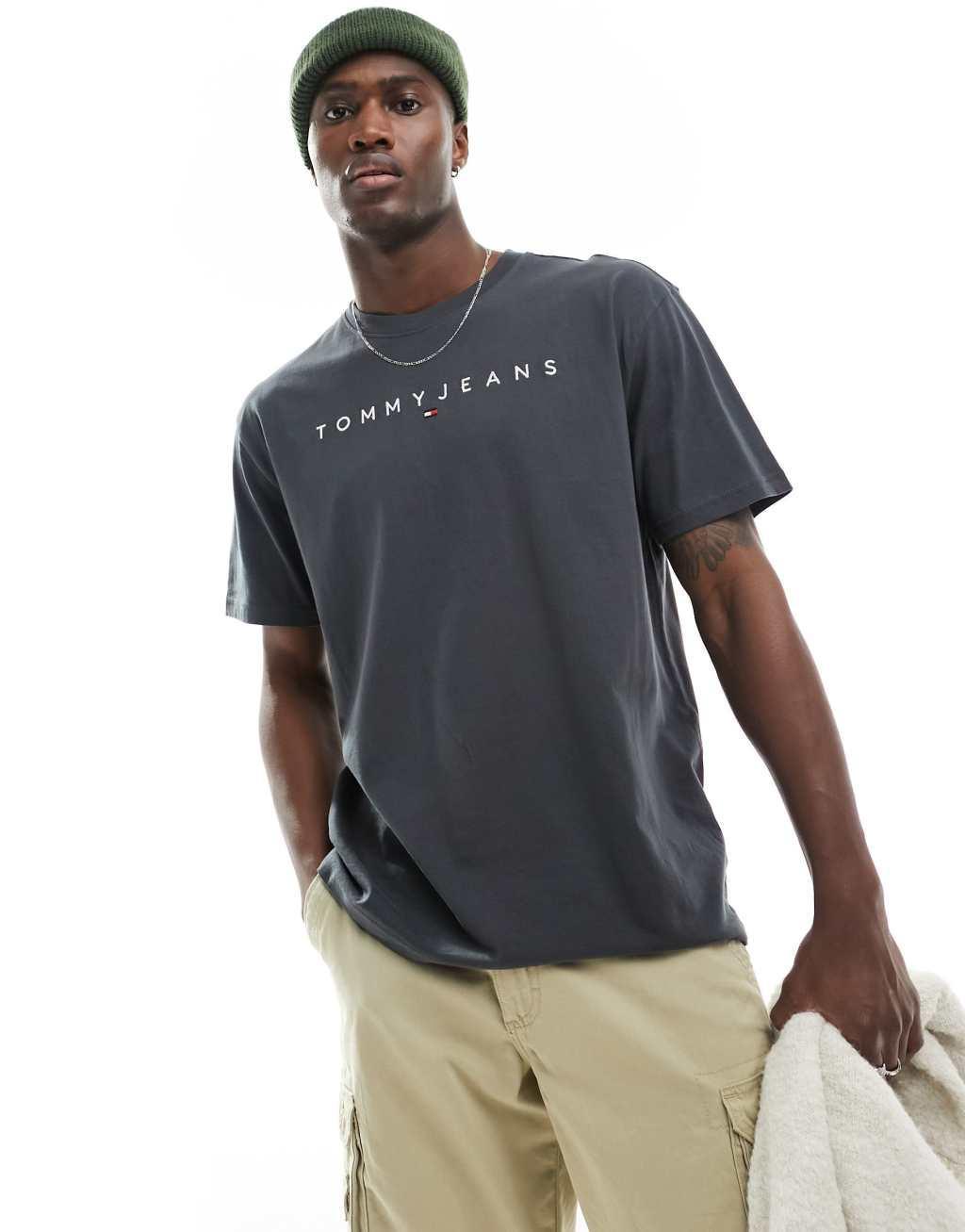 Tommy Jeans regular linear logo T-shirt in charcoal Product Image