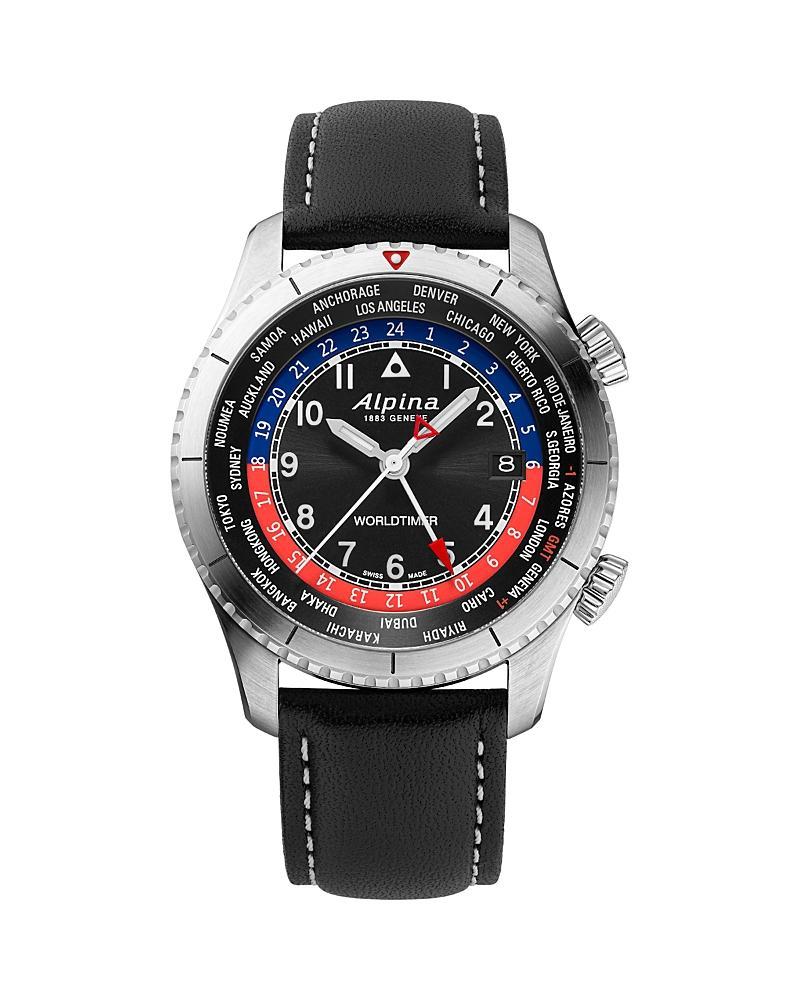 Alpina Mens Swiss Startimer Pilot Black Leather Strap Watch 41mm - Black Product Image