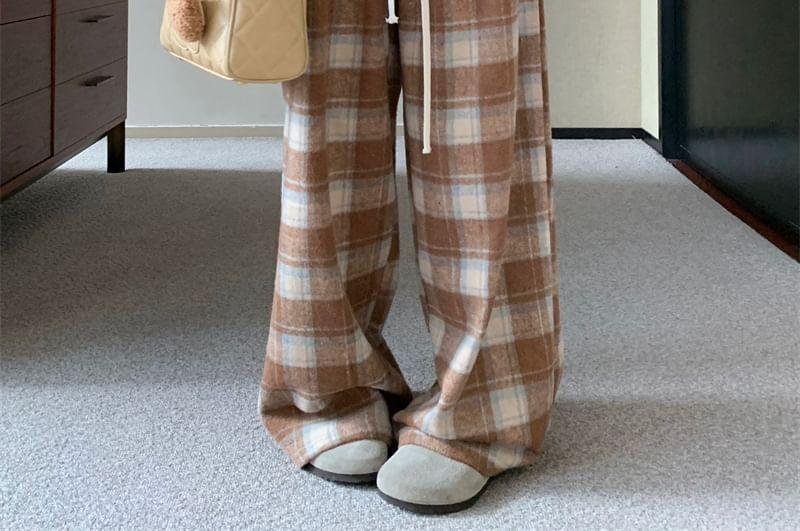 Drawstring Waist Plaid Wide Leg Pants Product Image