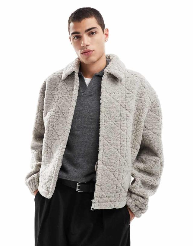 ASOS DESIGN oversized quilted teddy lined harrington jacket in gray Product Image