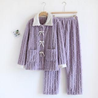 Pajama Set: Collar Dotted Bow Flannel Button Top + Pants Product Image