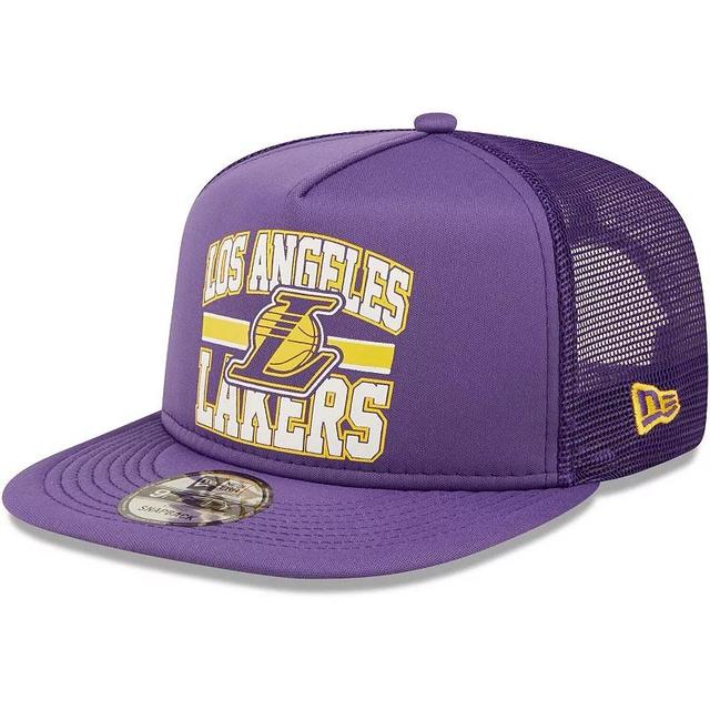 Mens New Era Purple Los Angeles Lakers Logo A-Frame 9Fifty Trucker Snapback Hat Product Image