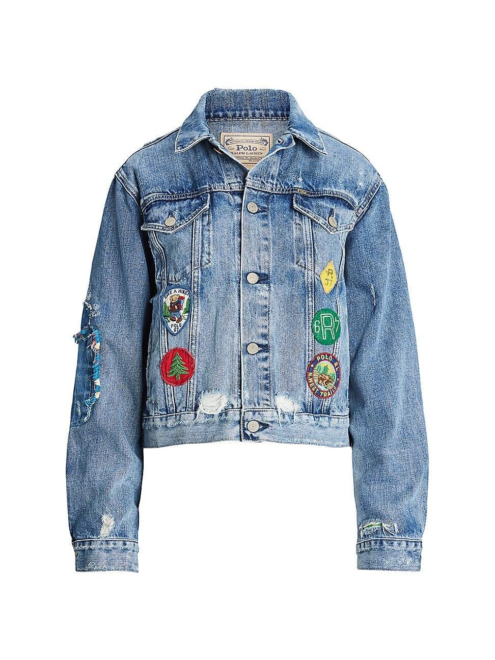 Womens Embroidered Patch Denim Trucker Jacket Product Image