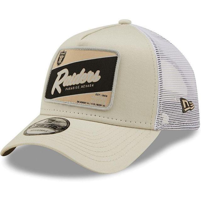 Mens New Era Khaki/White Las Vegas Raiders Happy Camper A-Frame Trucker 9FORTY Snapback Hat Product Image