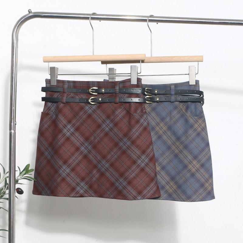 Set: High Waist Plaid Mini Skirt + Belt Product Image