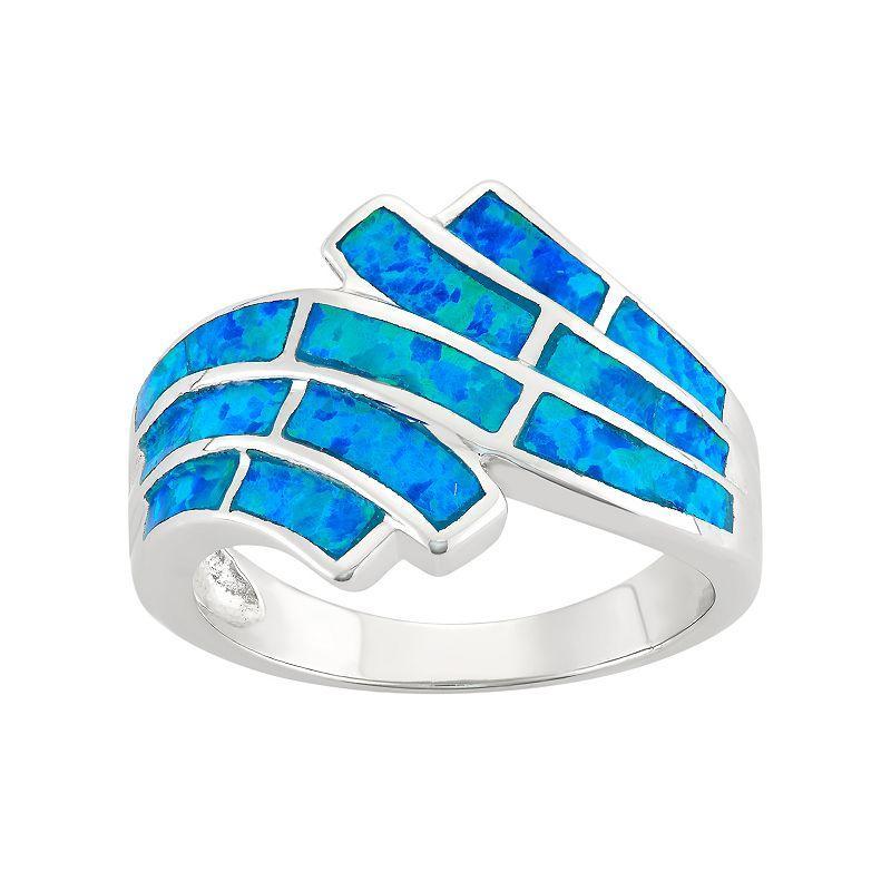 Lab-Created Blue Opal Sterling Silver Wave Bypass Ring, Womens Product Image