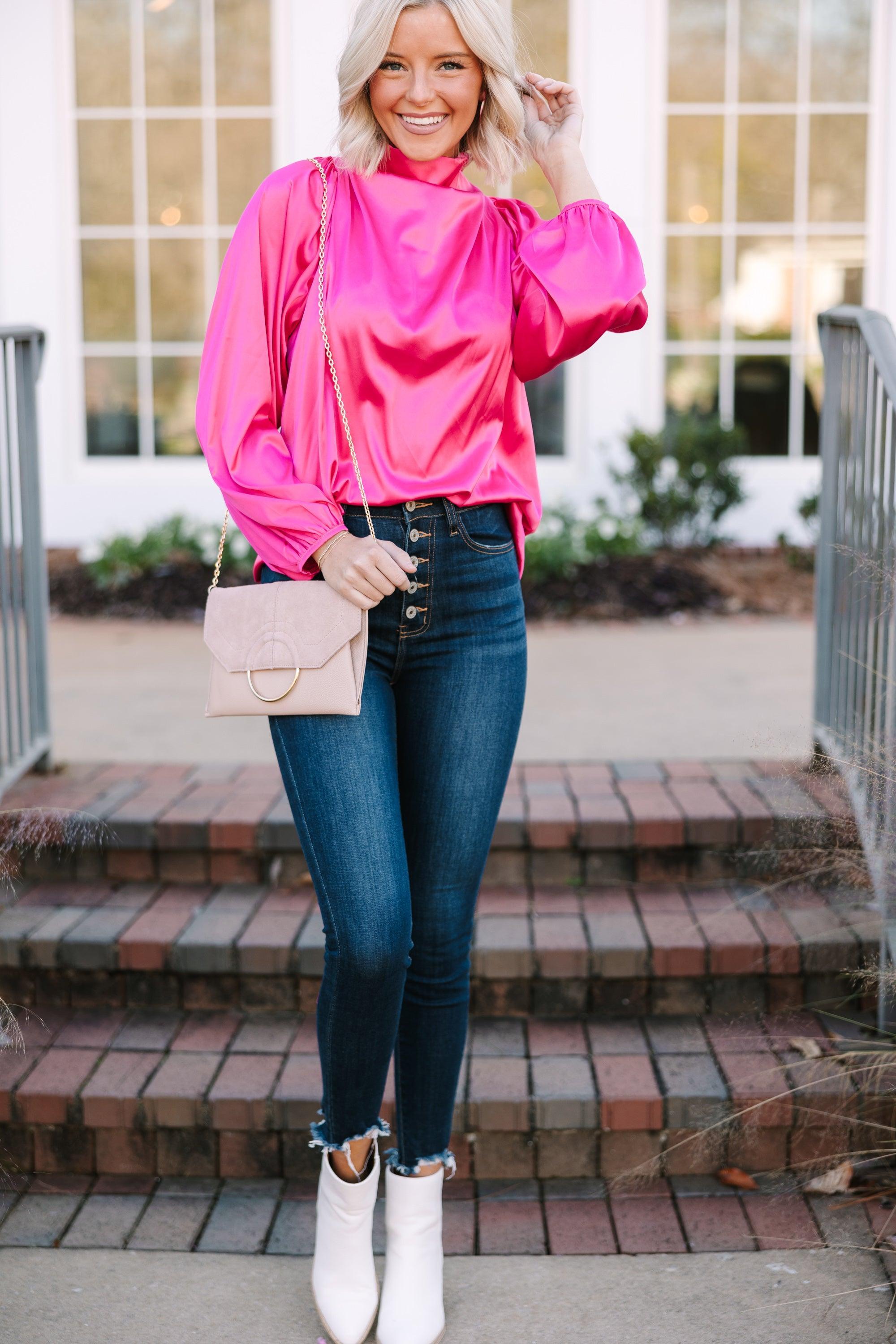 Embrace The Joy Fuchsia Pink Satin Blouse Female Product Image