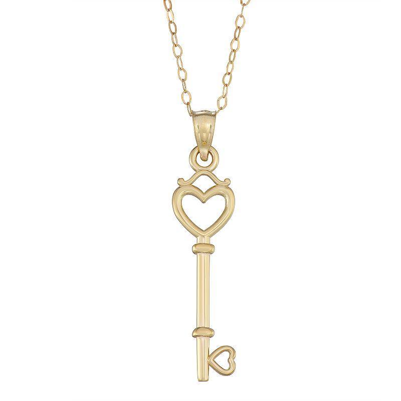 10K Gold Key Heart Pendant Necklace, Womens Yellow Product Image