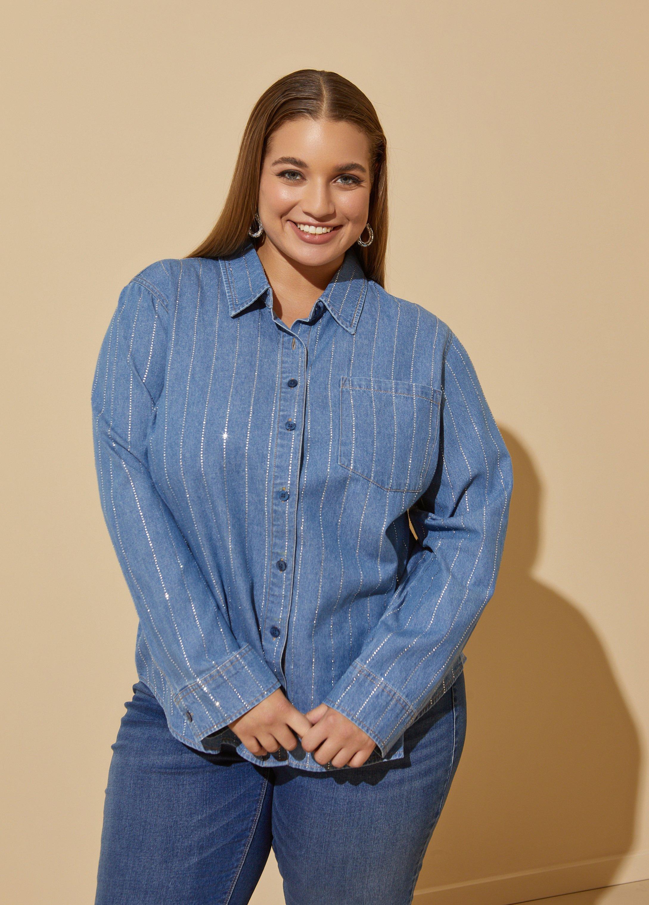 Plus Size Crystal Embellished Denim Shirt Ashley Stewart Product Image