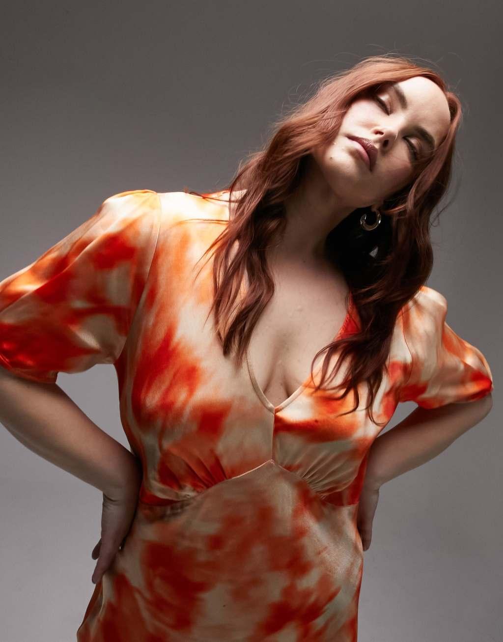 Topshop Curve bias midi dress in orange print Product Image