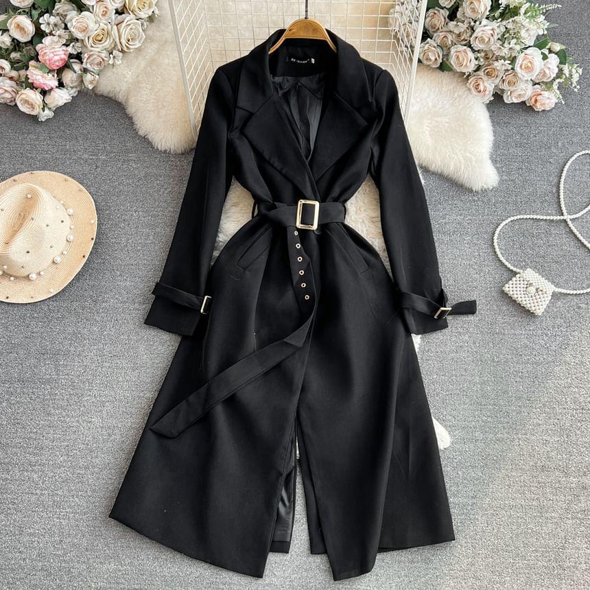 Plain Tie Waist Midi Trench Coat Product Image