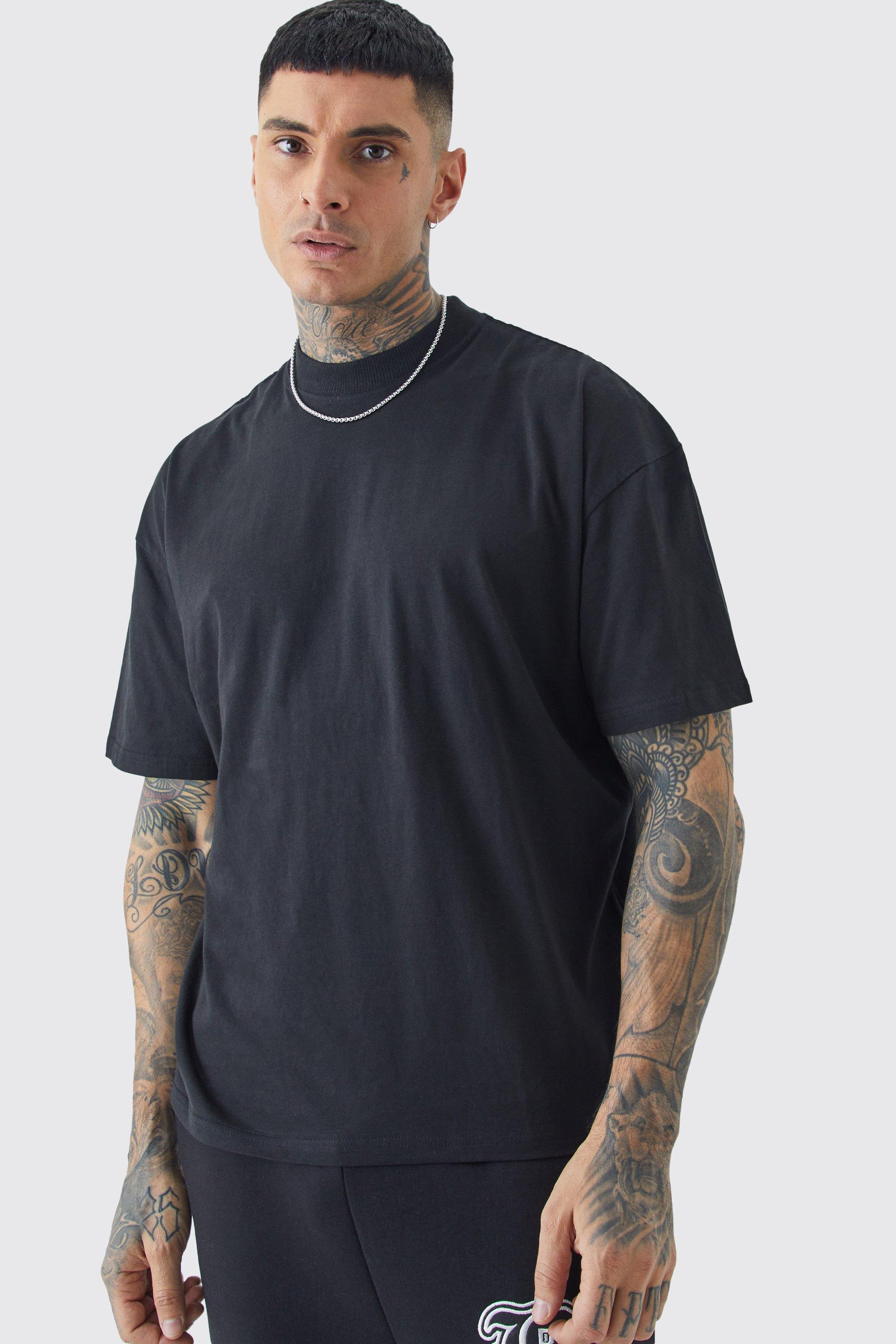 Mens Black Tall Oversized Fit Extended Neck T-shirt, Black Product Image