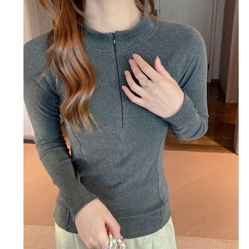 Long-Sleeve Mock Neck Half Zip Plain Dancing Top Product Image