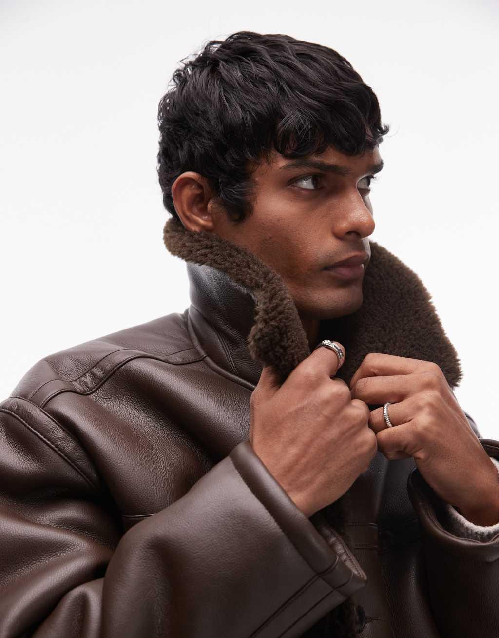 Topman faux shearling jacket with shearling collar in brown Product Image