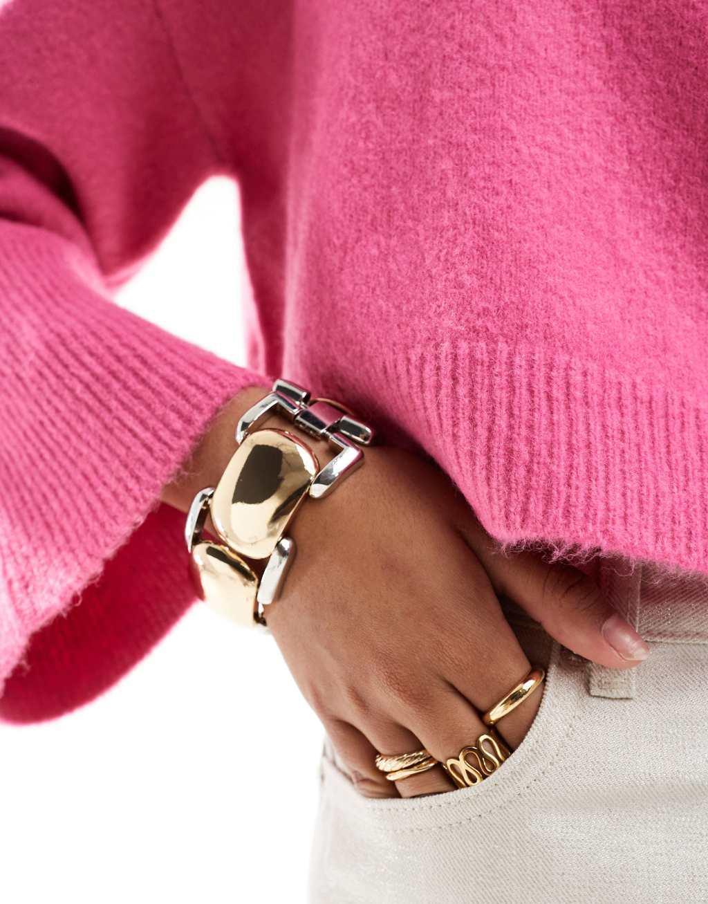 ASOS DESIGN crew neck boxy sweater with wide cuff in pink Product Image