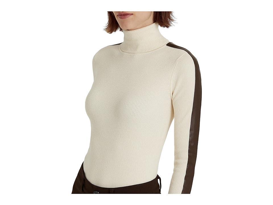 LAUREN Ralph Lauren Faux-Leather-Trim Turtleneck Sweater (Mascarpone Cream/Chocolate) Women's Clothing Product Image