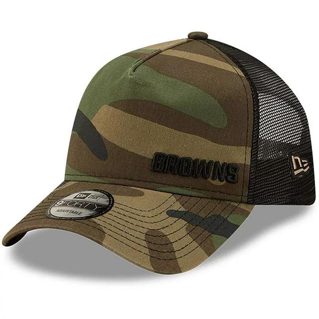 Mens New Era Camo/Black Cleveland Browns Flawless Utility A-Frame Trucker 9FORTY Snapback Hat Product Image