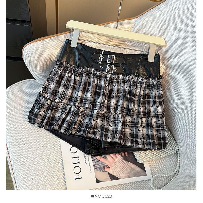 Two-Tone High-Waist Plaid Skort Product Image