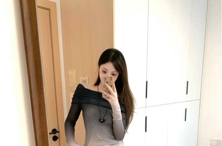 Off-Shoulder Long-Sleeve Ombre Shirred Top / High Waist Plain Wide Leg Pants Product Image