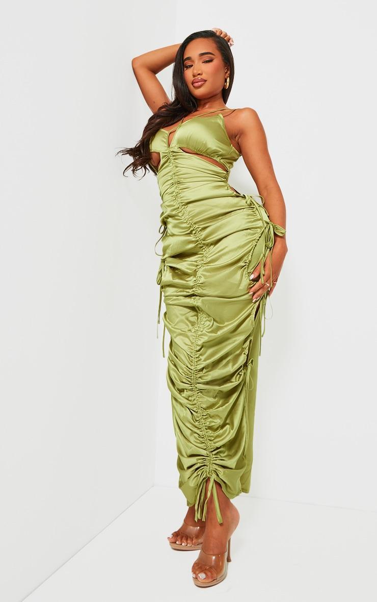 Shape Olive Satin Ruched Strappy Detail Maxi Dress Product Image