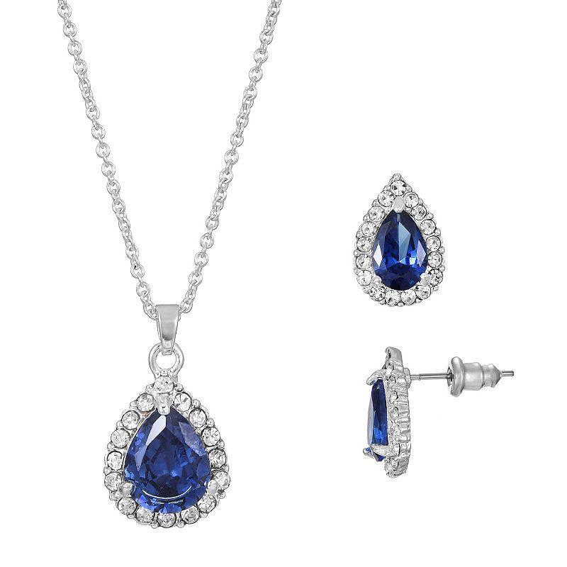 Primavera Silver Plated Blue Cubic Zirconia Pave Teardrop Pendant & Earring Set, Womens Silver Tone Product Image