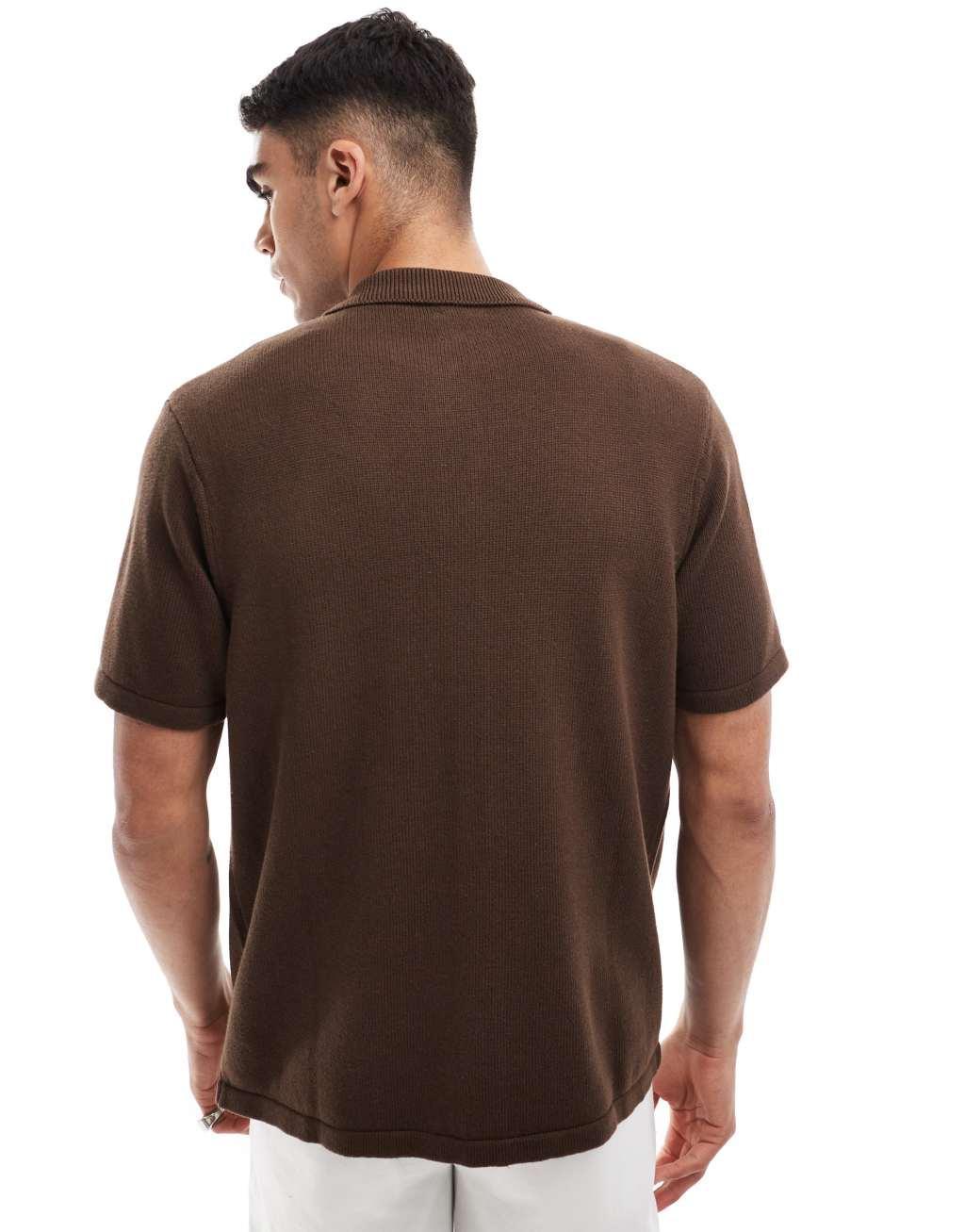 ASOS DESIGN midweight cotton knit button up polo in brown Product Image